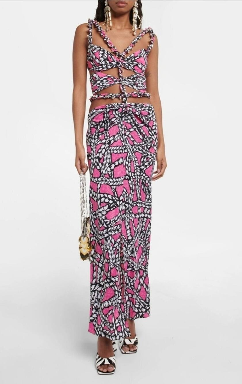 AREA NYC Womens Fuchsia Pink Rope Print Cut-Out Silk Crystal Midi Dress Size 0